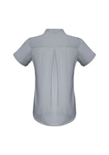 Stylish Ladies Madison Short Sleeve blouse in stretch polyester, featuring a secret button and action back pleat for comfort and ease.
