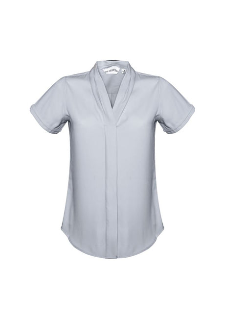 Stylish Ladies Madison Short Sleeve blouse in mechanical stretch polyester, featuring a secret button and action back pleat for comfort.