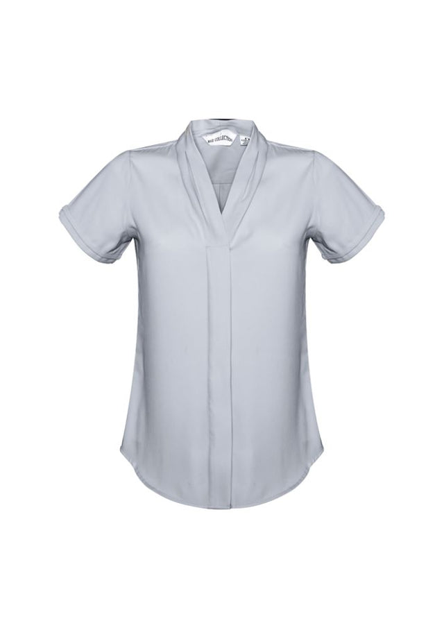Stylish Ladies Madison Short Sleeve blouse in mechanical stretch polyester, featuring a secret button and action back pleat for comfort.