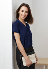 Ladies Madison Short Sleeve blouse in black, featuring mechanical stretch fabric, secret button, and action back pleat for comfort.