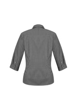 Ladies Ellison 3/4 Sleeve Shirt in black, size 8, featuring a classic design, cotton blend, and flattering fit for versatile styling.