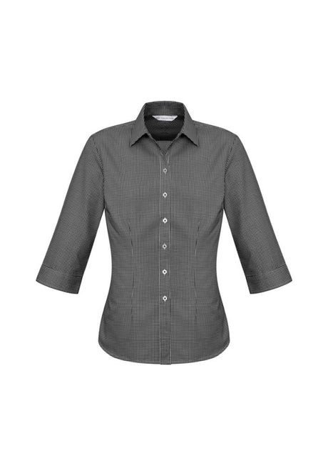 Ladies Ellison 3/4 Sleeve Shirt in black, size 8, featuring a chic design, comfortable cotton blend, and elegant fit.