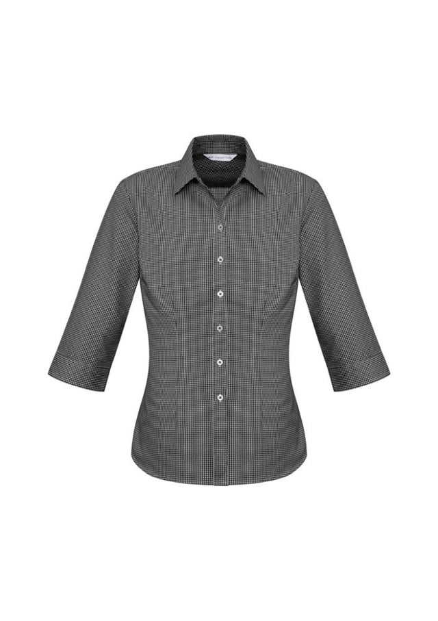 Ladies Ellison 3/4 Sleeve Shirt in black, size 8, featuring a chic design, comfortable cotton blend, and elegant fit.