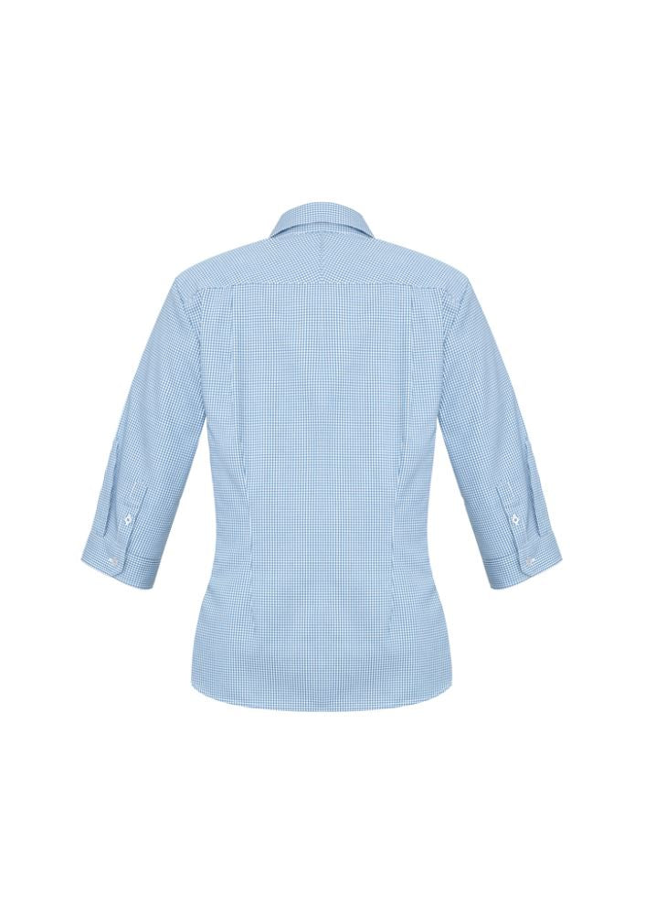 Ladies Ellison blue 3/4 sleeve shirt, size 24, featuring a check pattern, UPF protection, and an elegant fit with curved hem.