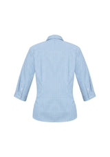 Ladies Ellison blue 3/4 sleeve shirt, size 24, featuring a check pattern, UPF protection, and an elegant fit with curved hem.