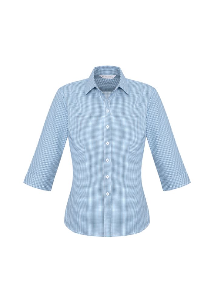 Ladies Ellison 3/4 Sleeve Shirt in blue, size 16; features stylish check pattern, back pleats, and elegant curved hem.