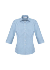 Ladies Ellison 3/4 Sleeve Shirt in blue, size 16; features stylish check pattern, back pleats, and elegant curved hem.