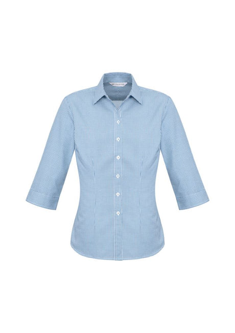 Ladies Blue Ellison 3/4 Sleeve Shirt, Size 6, with yarn-dyed check pattern, UPF protection, and elegant fit from Biz Collection.