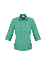 Dark green Ladies Ellison 3/4 sleeve shirt, size 6, with stylish yarn-dyed check pattern and flattering design for versatile wear.