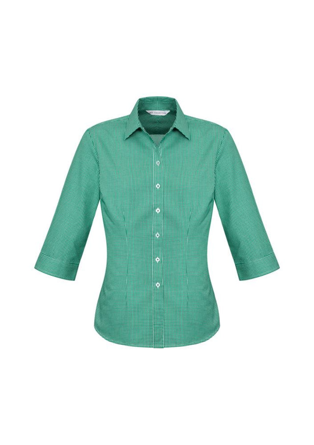 Dark green Ladies Ellison 3/4 sleeve shirt, size 6, with stylish yarn-dyed check pattern and flattering design for versatile wear.