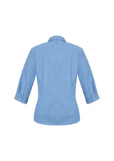 Ladies Ellison 3/4 Sleeve Shirtnch Blue in size 14, featuring a chic check pattern, UPF protection, and elegant fit.