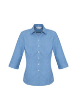 Elegant blue 3/4 sleeve women's shirt with a check pattern, featuring a flattering fit and UPF protection, perfect for professionals.