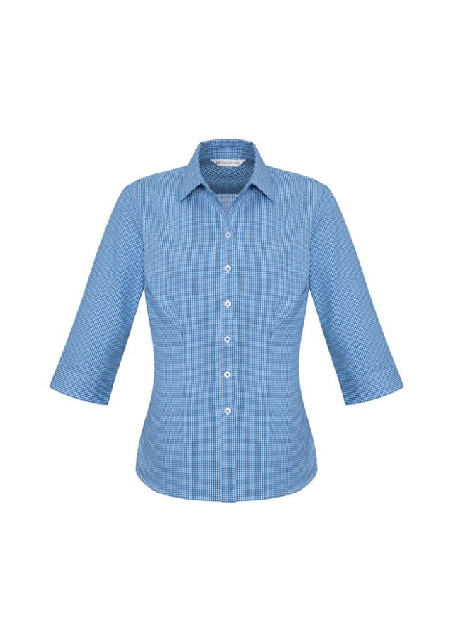 Ladies Ellison 3/4 Sleeve Shirt in blue, featuring a chic check pattern, tailored fit, and UPF protection for professional wear.