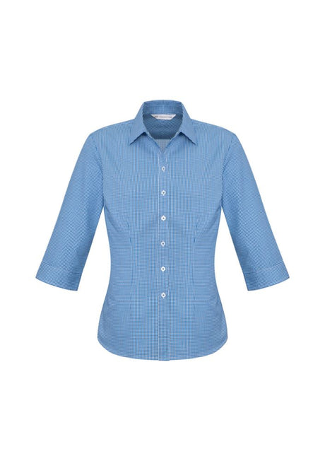 Ladies Ellison 3/4 Sleeve Shirt in blue, size 14, featuring a chic check pattern, elegant fit, and UPF protection.