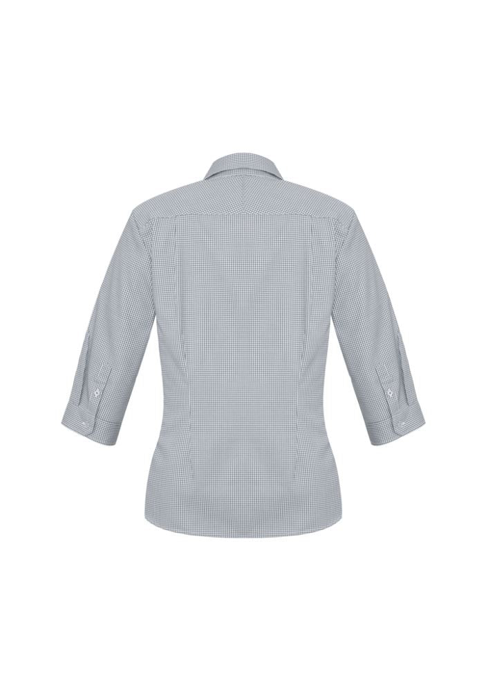 Ladies Ellison 3/4 sleeve silver shirt with yarn dyed check, elegant fit, and UPF protection, size 10, from Biz Collection.
