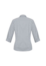Ladies Ellison 3/4 sleeve silver shirt with yarn dyed check, elegant fit, and UPF protection, size 10, from Biz Collection.