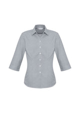 Ladies Ellison 3/4 sleeve shirt in silver, featuring a yarn dyed check pattern and tailored fit, perfect for stylish comfort.