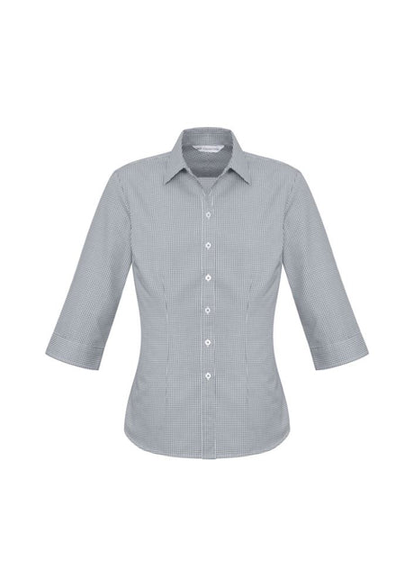 Ladies Ellison 3/4 sleeve shirt in silver, featuring a yarn dyed check pattern and tailored fit, perfect for stylish comfort.