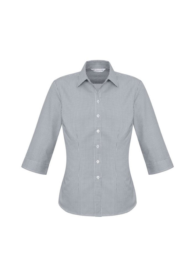 Ladies Ellison 3/4 sleeve shirt in silver, featuring a yarn dyed check pattern and tailored fit, perfect for stylish comfort.