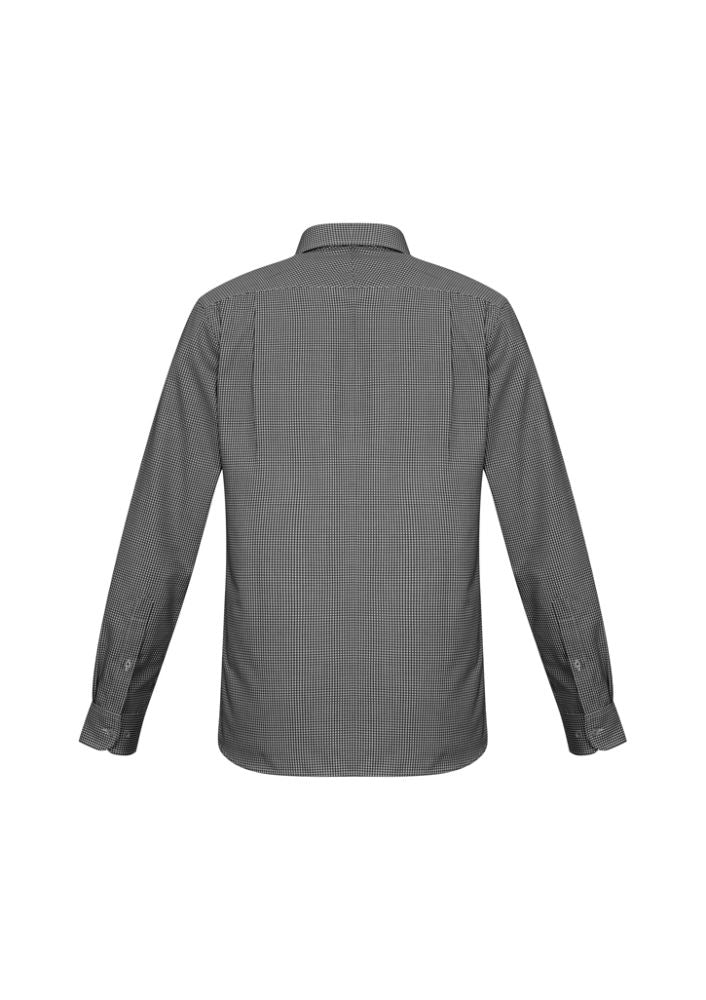Men's black long sleeve Ellison shirt from Biz Collection, size M, featuring a check pattern, modern collar, and adjustable cuffs.