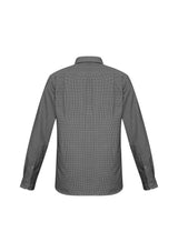 Men's black long sleeve Ellison shirt from Biz Collection, size M, featuring a check pattern, modern collar, and adjustable cuffs.