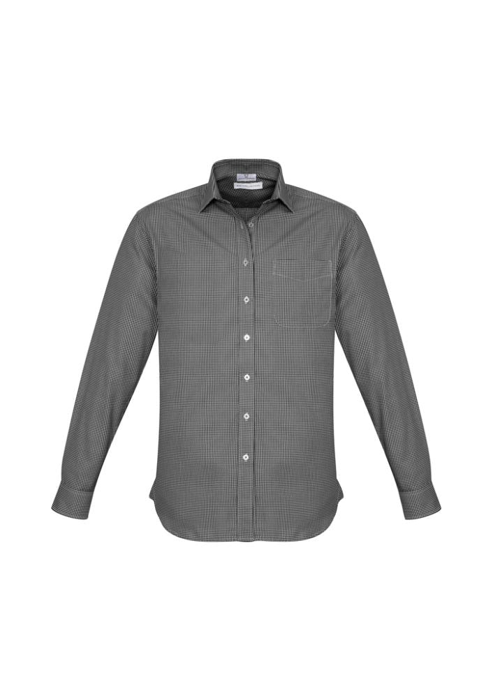 Men's Ellison Long Sleeve Shirt in black, size 5XL, features a modern collar, chest pocket, and yarn-dyed check pattern.