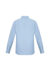 Men's blue Ellison long sleeve shirt from Biz Collection with modern collar, adjustable cuffs, and UPF protection. Size L.
