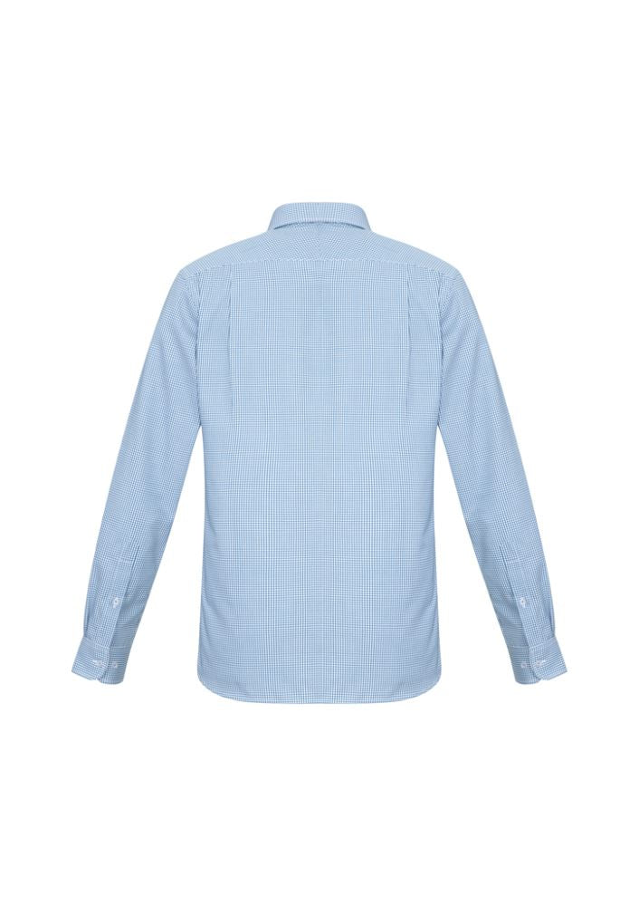 Men's Ellison Long Sleeve Shirt in blue, size XL, featuring a yarn-dyed check, modern collar, and adjustable cuffs.