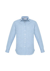 Men's Ellison Long Sleeve Shirt in blue, size M, featuring a stylish check pattern, modern collar, and adjustable cuffs.