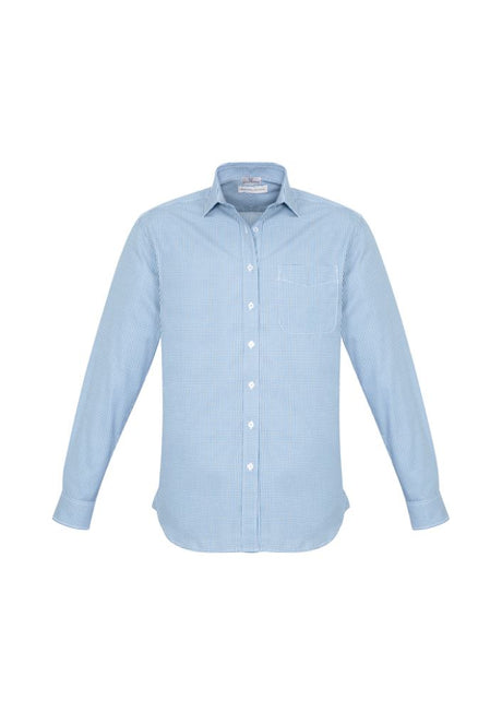 Men's Ellison Long Sleeve Shirt in blue, size M, featuring a stylish check pattern, modern collar, and adjustable cuffs.