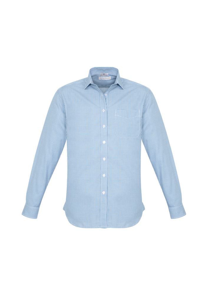 Men's Ellison Long Sleeve Shirt in blue, size XL, featuring a yarn-dyed check pattern, modern collar, and curved hem.