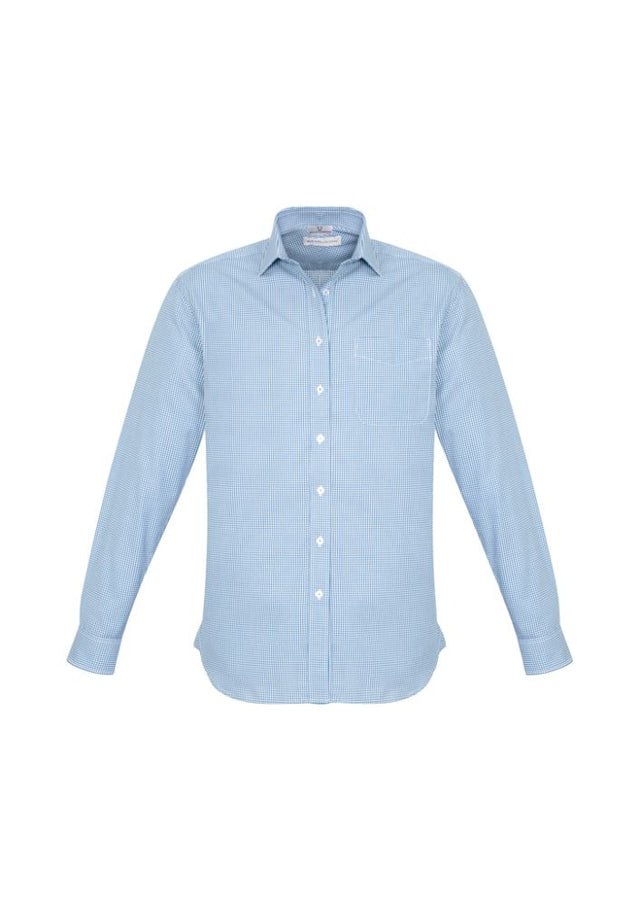 Mens Ellison Long Sleeve Shirt in blue, size 5XL, featuring a yarn-dyed check pattern, adjustable cuffs, and a modern collar.