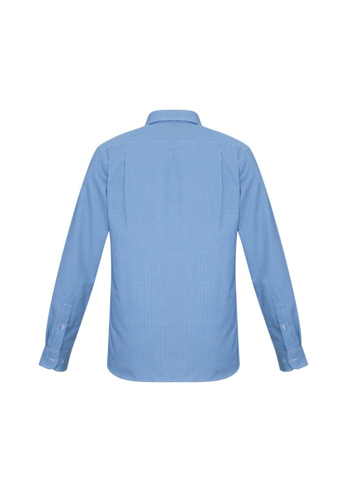 Men's Ellison Long Sleeve Shirt in Flint Blue, featuring a modern fit, check pattern, UPF protection, and adjustable cuff.