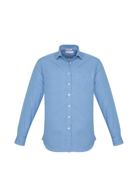 Mens Ellison Long Sleeve Shirt in blue, 3XL, features a cotton blend, check pattern, modern collar, chest pocket, and curved hem.