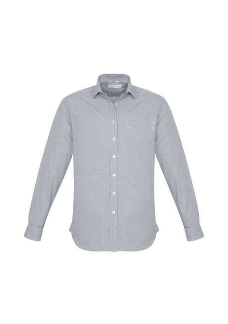 Men's silver long sleeve shirt with modern collar, chest pocket, and UPF protection, ideal for business or casual wear.