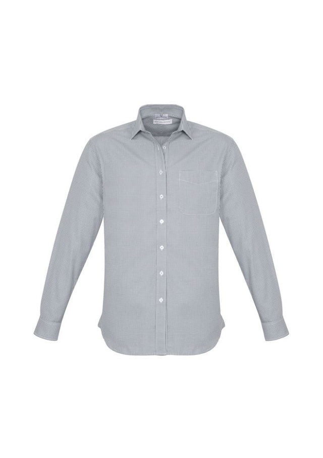 Men's silver long sleeve shirt with modern collar, chest pocket, and UPF protection, ideal for business or casual wear.