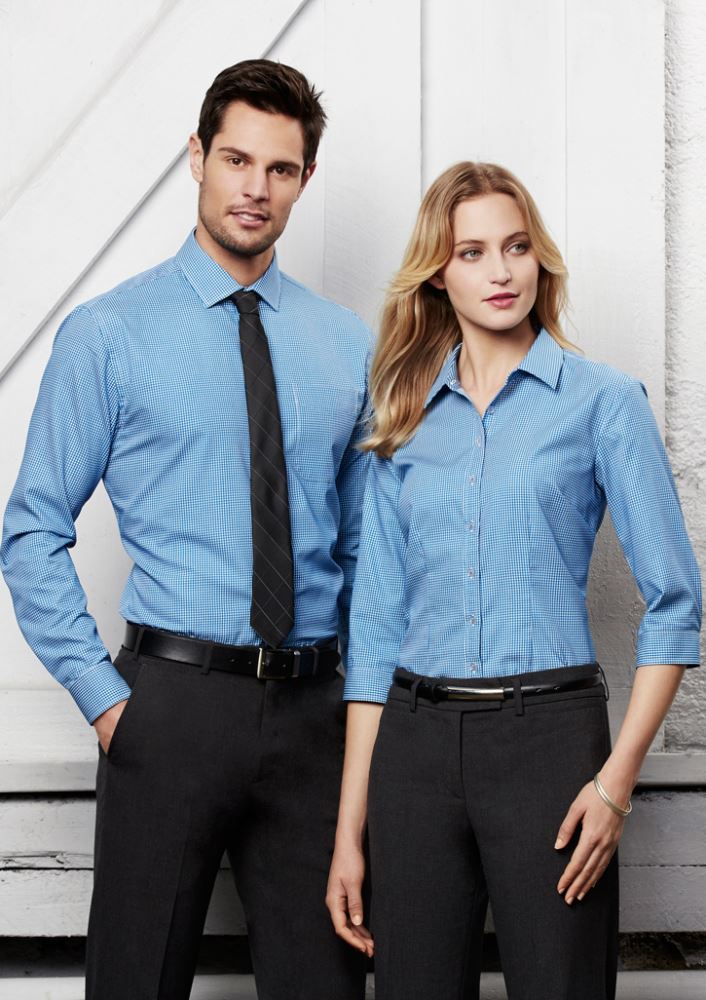 Men's Ellison Long Sleeve Shirt in blue, size XL; features modern collar, chest pocket, and stylish check pattern.