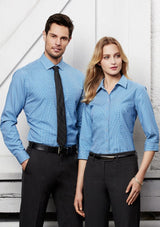 Men's blue Ellison long sleeve shirt, featuring a modern collar, yarn-dyed check, and adjustable cuffs for versatile styling.