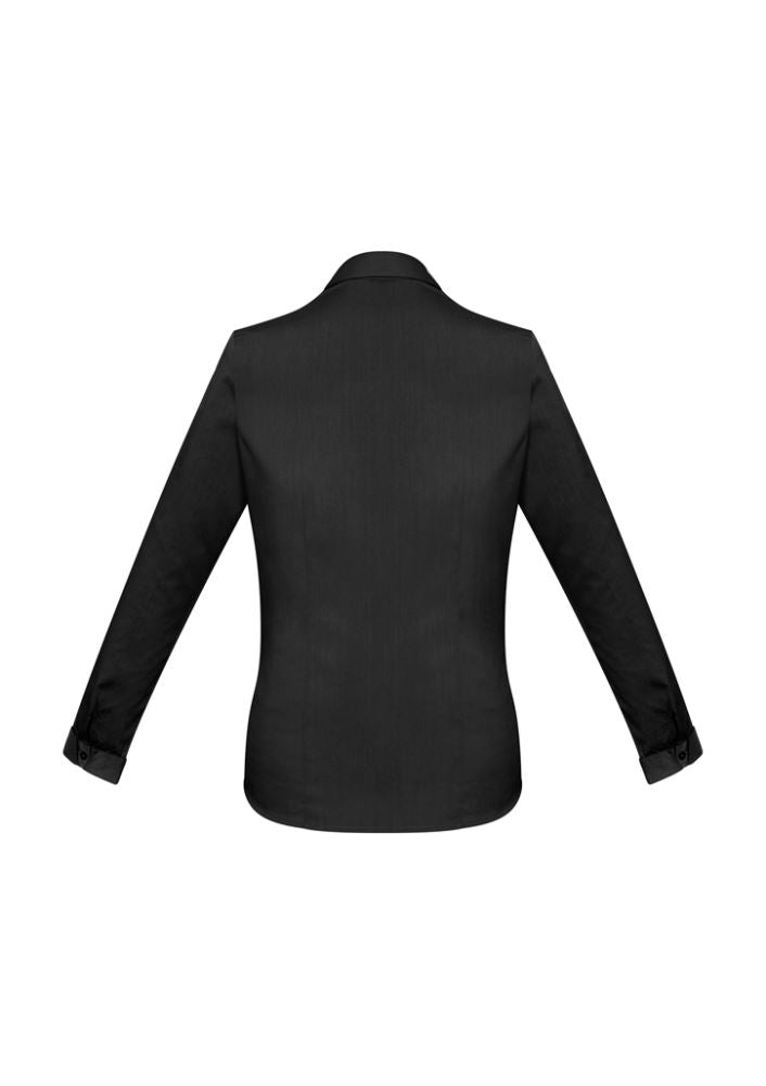 Ladies Monaco Long Sleeve Shirt in black, size 22, featuring a Y-neckline, UPF protection, and flattering darts for a stylish fit.