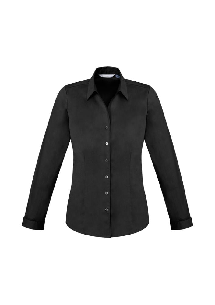 Elegant black long sleeve shirt for women, featuring a Y-neckline, turn-back cuffs, and a flattering fit, perfect for any occasion.