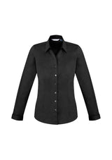 Elegant black long sleeve shirt for women, featuring a Y-neckline, turn-back cuffs, and a flattering fit, perfect for any occasion.