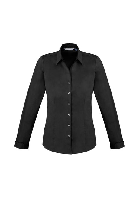 Elegant black long sleeve shirt for women, featuring a Y-neckline, turn-back cuffs, and a flattering fit, perfect for any occasion.