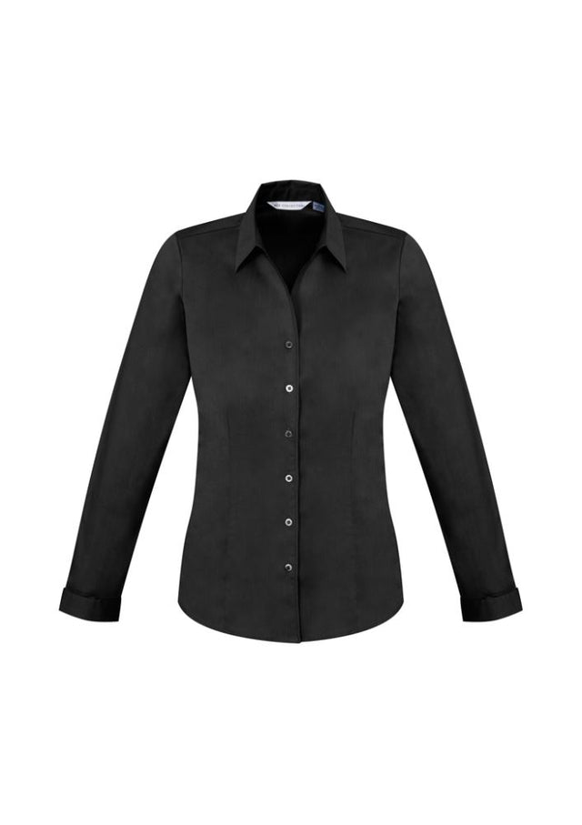 Elegant black long sleeve shirt for women, featuring a Y-neckline, turn-back cuffs, and a flattering fit, perfect for any occasion.