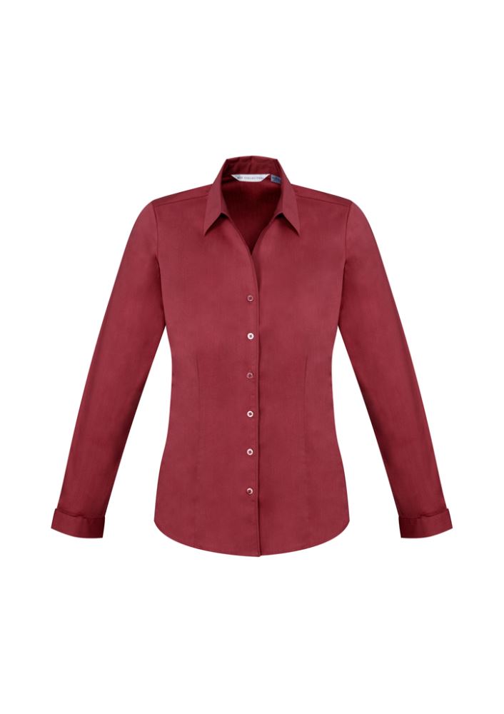 Ladies Monaco Long Sleeve Shirt in Cherry, Size 14, featuring a Y-neckline, tailored fit, and stretchy cotton blend for comfort.