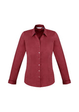 Ladies Monaco Long Sleeve Shirt in Cherry, Size 14, featuring a Y-neckline, tailored fit, and stretchy cotton blend for comfort.