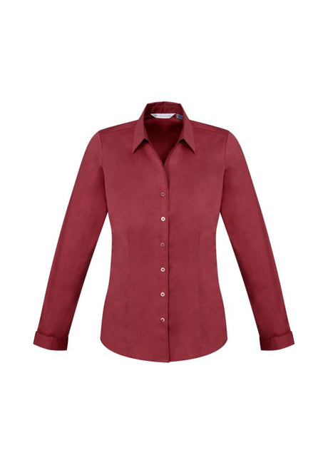 Ladies Monaco Long Sleeve Shirt in Cherry, Size 14, featuring a Y-neckline, tailored fit, and stretchy cotton blend for comfort.