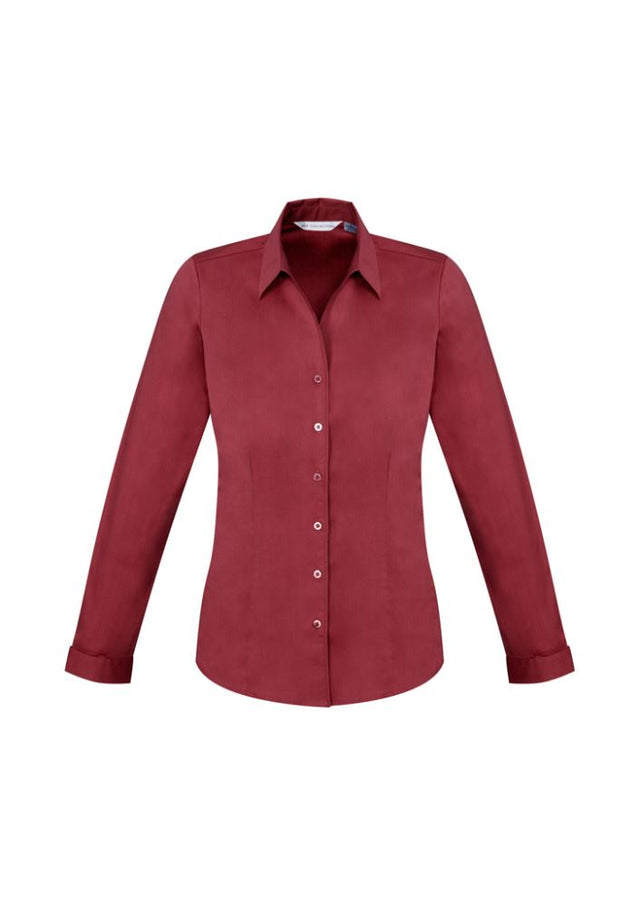 Ladies Monaco Long Sleeve Shirt in Cherry, Size 14, featuring a Y-neckline, tailored fit, and stretchy cotton blend for comfort.