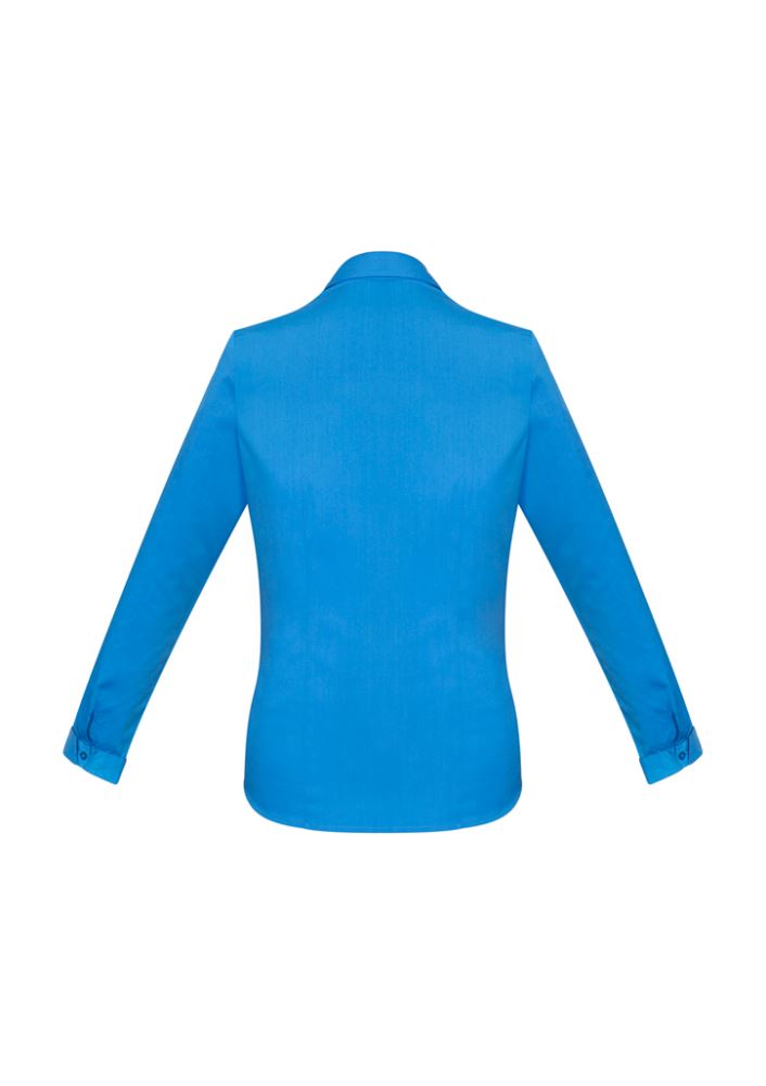 Ladies Monaco Long Sleeve Shirt in vibrant Cyan, size 6, featuring a chic Y-neckline and elegant fit for versatile styling.