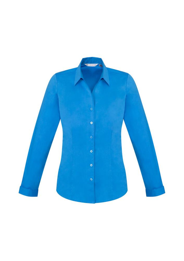 Ladies Monaco Long Sleeve Shirt in vibrant Cyan, size 6, featuring a Y-neckline, curved hem, and built-in stretch for comfort.