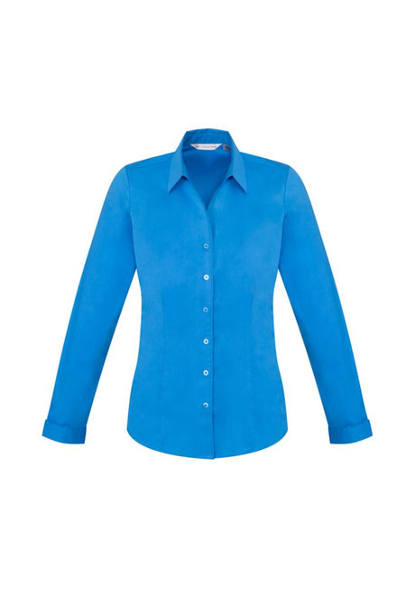 Cyan long sleeve shirt for women, featuring chic Y-neckline, comfortable stretch fabric, and elegant fit for versatile styling.